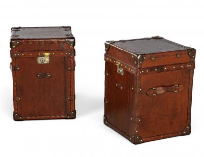Pair of Vintage Cognac Leather Campaign Steamer Trunk Storage Side Tables