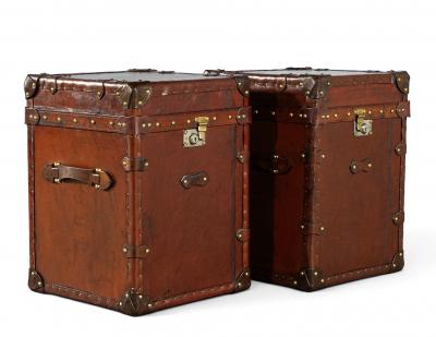 Pair of Vintage Cognac Leather Campaign Steamer Trunk Storage Side Tables