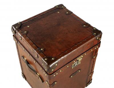 Pair of Vintage Cognac Leather Campaign Steamer Trunk Storage Side Tables