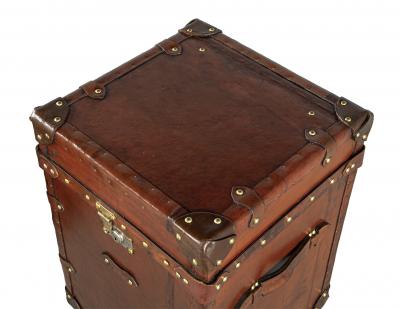 Pair of Vintage Cognac Leather Campaign Steamer Trunk Storage Side Tables
