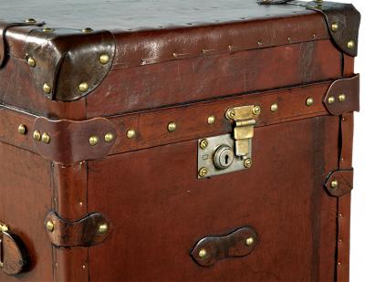 Pair of Vintage Cognac Leather Campaign Steamer Trunk Storage Side Tables