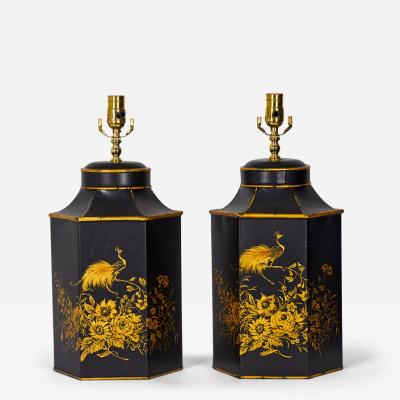 Pair of Vintage English Chinoiserie Hand Painted Tole Tea Caddy Table Lamps