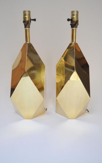 Pair of Vintage Faceted Geometric Solid Brass Table Lamps