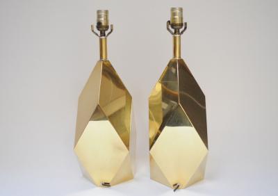 Pair of Vintage Faceted Geometric Solid Brass Table Lamps