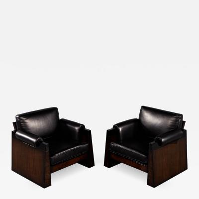 Pair of Vintage French Art Deco Black Leather Lounge Chairs