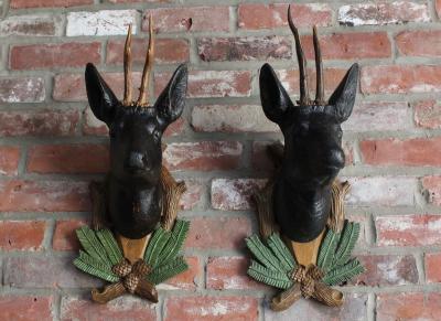 Pair of Vintage German Carved Black Forest Mounted Deer Wall Sculptures