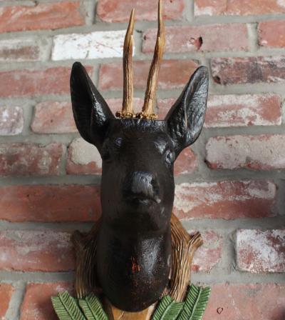 Pair of Vintage German Carved Black Forest Mounted Deer Wall Sculptures