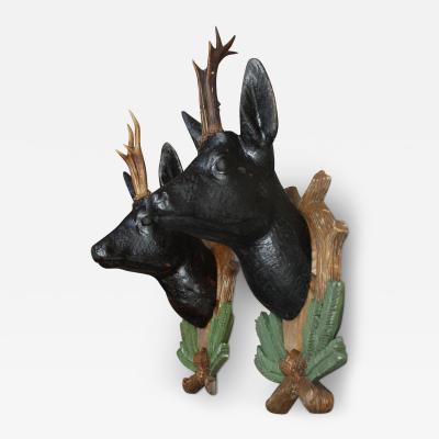 Pair of Vintage German Carved Black Forest Mounted Deer Wall Sculptures