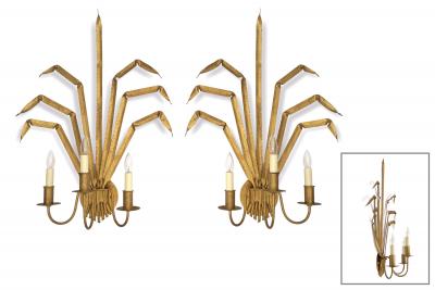 Pair of Vintage Gilt Iron Wheat Sheaf Wall Sconces