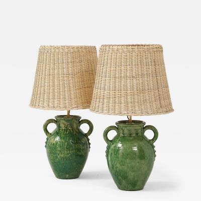 Pair of Vintage Green Ceramic Lamps with Handmade Wicker Shades France