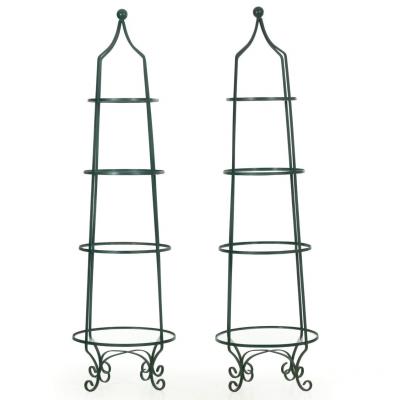 Pair of Vintage Green Painted Iron Etageres Displays w Glass Shelves
