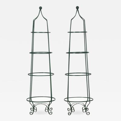 Pair of Vintage Green Painted Iron Etageres Displays w Glass Shelves