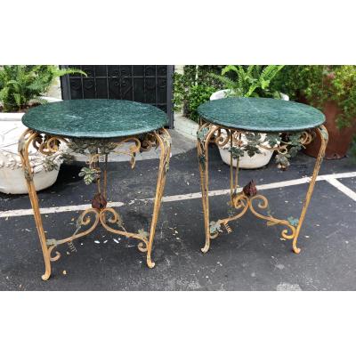 Pair of Vintage Iron Tole Marble Tables W Grape Vines