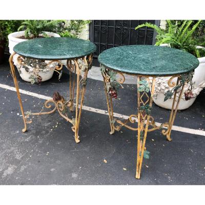 Pair of Vintage Iron Tole Marble Tables W Grape Vines