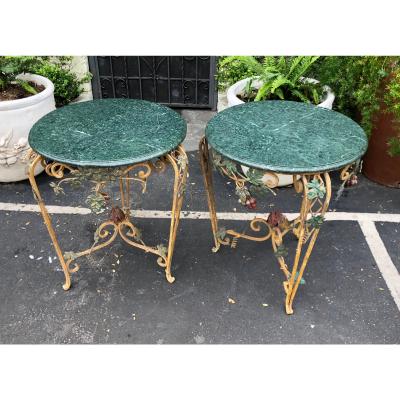 Pair of Vintage Iron Tole Marble Tables W Grape Vines