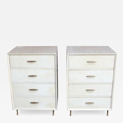 Pair of Vintage Italian Four Drawer Goatskin and Brass Nightstands