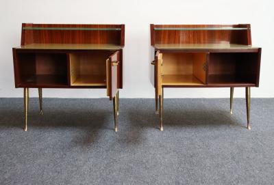 Pair of Vintage Italian Rosewood and Brass Two Tier Nightstands Bedside Tables