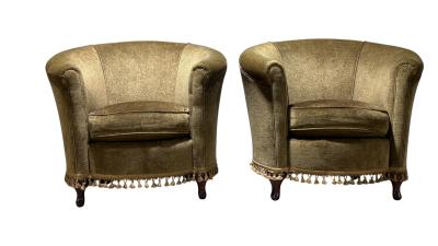 Pair of Vintage Library Barrel Chairs in Dark Green Fabric