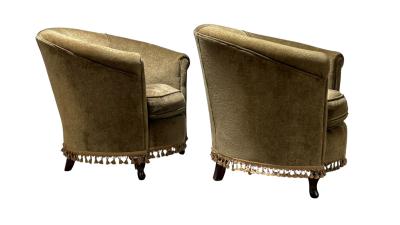 Pair of Vintage Library Barrel Chairs in Dark Green Fabric