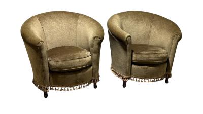Pair of Vintage Library Barrel Chairs in Dark Green Fabric
