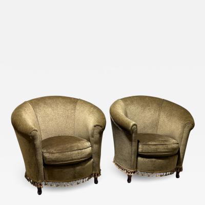 Pair of Vintage Library Barrel Chairs in Dark Green Fabric