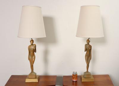 Pair of Vintage Male and Female Figural Carved Table Lamps by Clifford C Stasack