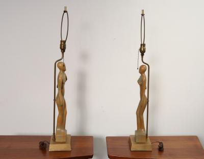 Pair of Vintage Male and Female Figural Carved Table Lamps by Clifford C Stasack