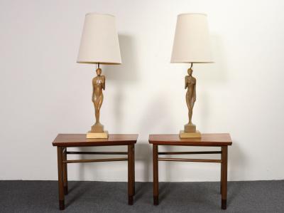 Pair of Vintage Male and Female Figural Carved Table Lamps by Clifford C Stasack
