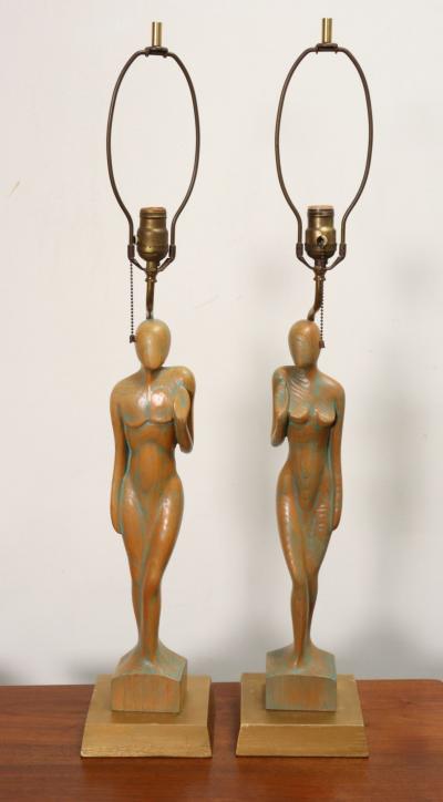 Pair of Vintage Male and Female Figural Carved Table Lamps by Clifford C Stasack