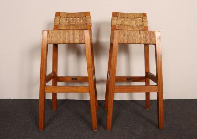 Pair of Vintage Mexican Modern Pine and Woven Palm Bar Stools by Muebles Austin