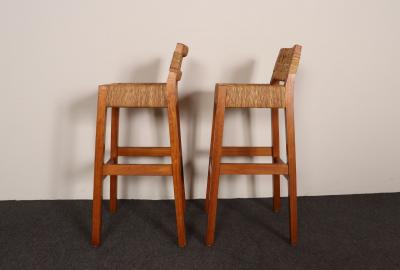 Pair of Vintage Mexican Modern Pine and Woven Palm Bar Stools by Muebles Austin