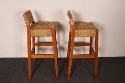 Pair of Vintage Mexican Modern Pine and Woven Palm Bar Stools by Muebles Austin
