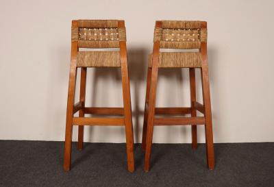 Pair of Vintage Mexican Modern Pine and Woven Palm Bar Stools by Muebles Austin