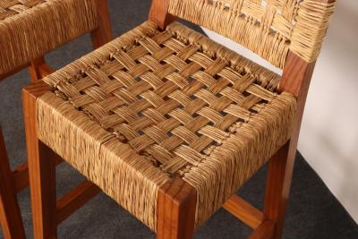 Pair of Vintage Mexican Modern Pine and Woven Palm Bar Stools by Muebles Austin