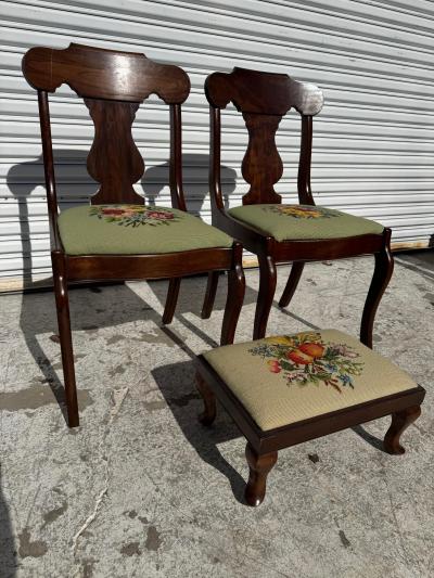 Pair of Vintage Needlepoint Upholstered Regency Style Chairs and Footrest
