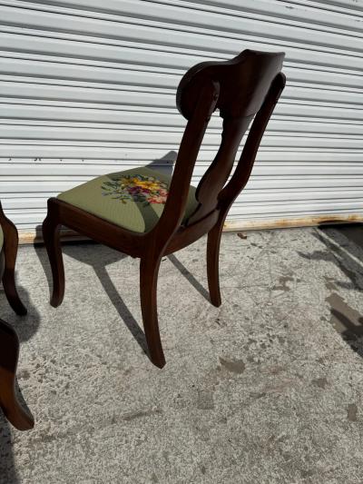 Pair of Vintage Needlepoint Upholstered Regency Style Chairs and Footrest