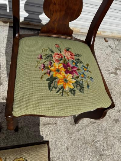 Pair of Vintage Needlepoint Upholstered Regency Style Chairs and Footrest