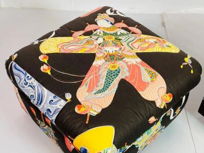 Pair of Vintage Ottomans Poufs Upholstered in Asian Print Fabric