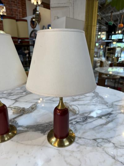 Pair of Vintage Red Brass Table Lamps with Linen Shades