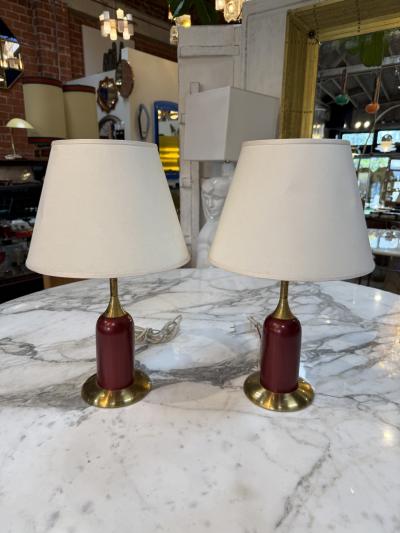 Pair of Vintage Red Brass Table Lamps with Linen Shades