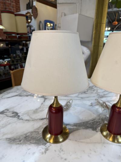 Pair of Vintage Red Brass Table Lamps with Linen Shades
