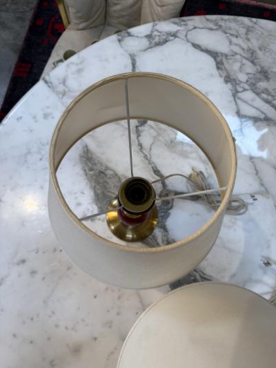 Pair of Vintage Red Brass Table Lamps with Linen Shades