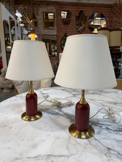 Pair of Vintage Red Brass Table Lamps with Linen Shades