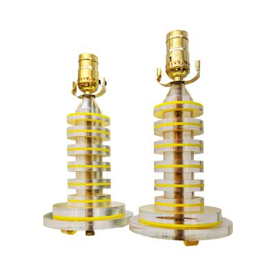 Pair of Vintage Retro Modern Yellow and Clear Lucite Table Lamps