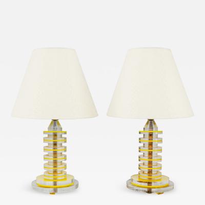 Pair of Vintage Retro Modern Yellow and Clear Lucite Table Lamps