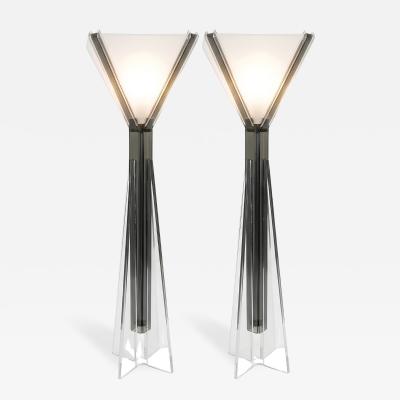 Pair of Vintage Smoke and Clear Lucite Sculptural Torchiere Floor Lamps