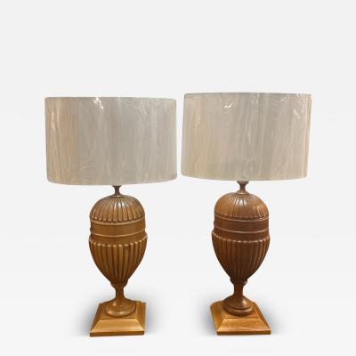 Pair of Vintage Solid Wood Urn Lamps