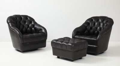 Pair of Vintage Ward Bennett Brickell Leather swivel lounge chairs ottoman
