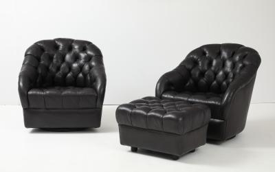 Pair of Vintage Ward Bennett Brickell Leather swivel lounge chairs ottoman