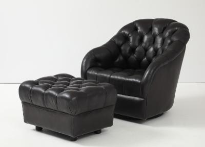 Pair of Vintage Ward Bennett Brickell Leather swivel lounge chairs ottoman